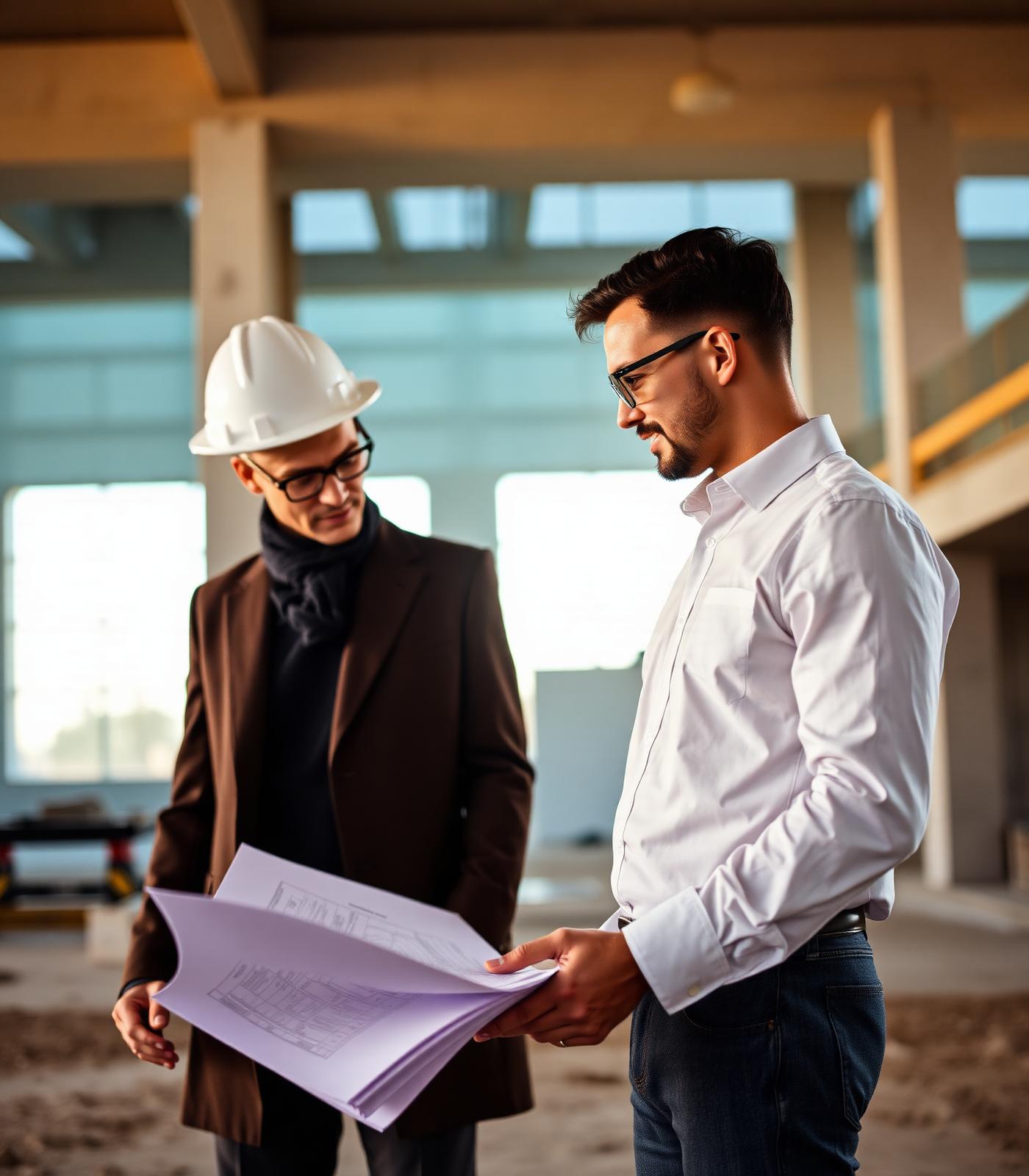 Engineers reviewing blueprints on site
